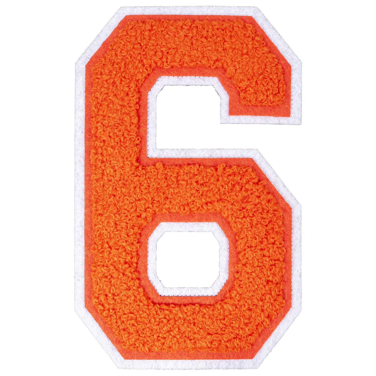 Photo 1 of 1 PCS 6 Inch Large Orange Chenille Number Patches - Iron On Big Varsity Numerals, Large Numbers for Clothing, Backpacks, Hats, Jeans (Orange 6)