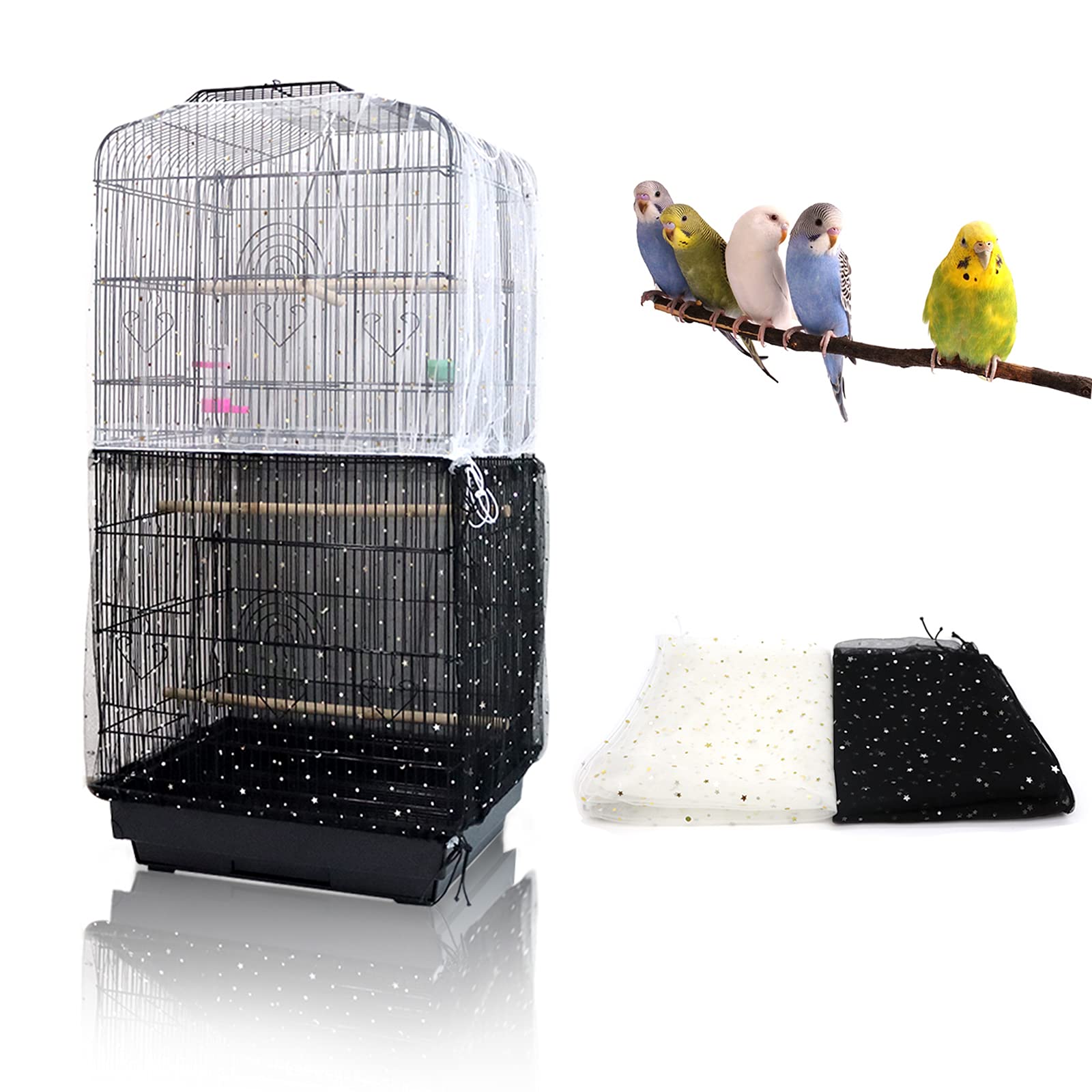 Mngren 2Pcs Adjustable Bird Cage Cover, Upgraded Airy Nylon Mesh Parrot Net with Sequins, Universal Seed Feather Catcher, Soft Birdcage Cover Skirt Sheer Guard for Parakeet Macaw Round Square Cages