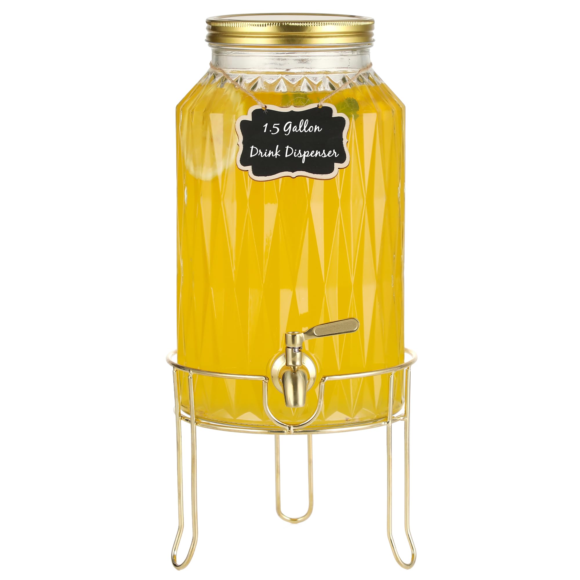 Photo 1 of 1.5 Gallon Glass Drink Dispenser with Stand – Large Beverage Dispenser with Stainless Steel Spigot, Chalkboard Tags & Marker – Glass Water Dispenser for Fridge, Parties, Weddings and Home Use,Glod