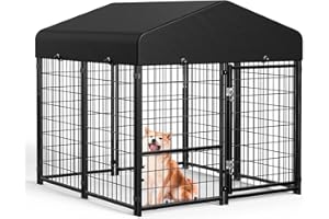 Sino Luban Outdoor Dog Kennel Outside Run with Doggy Door&Waterproof Roof - 4x4x4.6FT Large Dog Kennels Pens Outside for Small/Medium Dogs - Heavy Duty Cage Yard (Can Connect to Your Dog House)