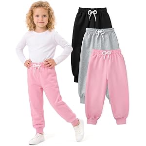 Toddler Girls Soft Cotton Sweatpants 3 Pack Adjustable Waist for Playwear | Athletic Jogger Pants, Comfort Stretch, Cuffed An
