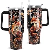 Nqhsionv Fox Tumbler with Handle and Straw 40 oz Fall Foxes Mandala Cup Coffee Travel Mug Stainless Steel Insulated Water Bottle Fox Stuff Lovers Fall Autumn Decor Gifts for Women