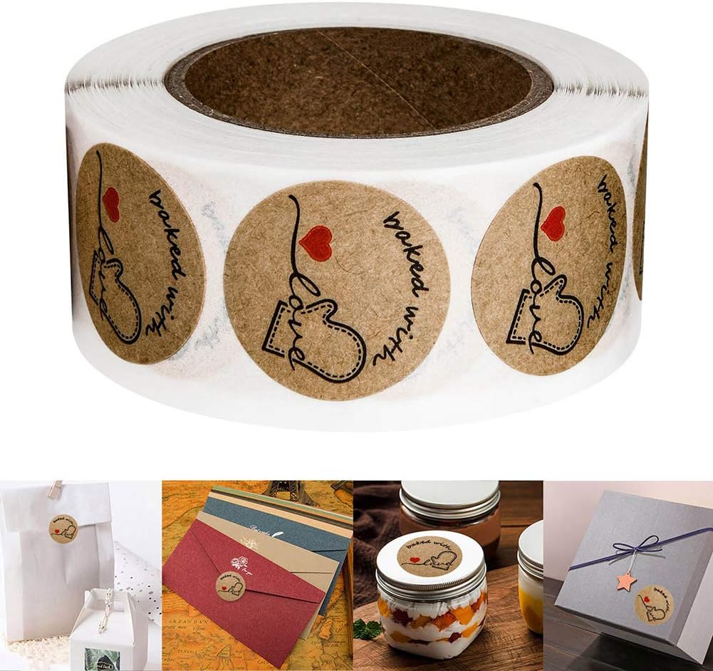 Konren 500 PCS/Roll of Stickers Printed with Baked with Love Cattle Hide Natural Kraft Handmade Biscuit Bags Decorative Bakery Personality Label