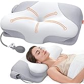Inflatable Cervical Neck Pillow for Sleeping with Adjustable Support, Ergonomic Memory Foam Cloud Pillow, Neck Support Pillow for Back, Side & Stomach Sleepers, Bed Pillow with Ice Silk Pillowcase