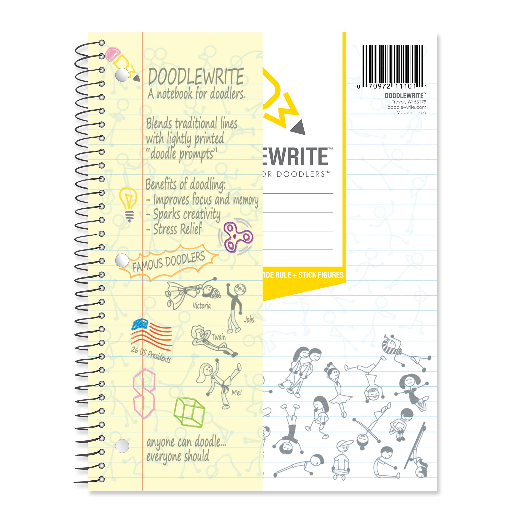 Photo 1 of ***Factory seal***
DoodleWrite Wide Ruled Wirebound Spiral Notebook, Includes Doodle Prompts to Keep Focus, Spark Creativity/Imagination, Relieve Stress, 10.5" x 8", 50 Sheets/100 Pages