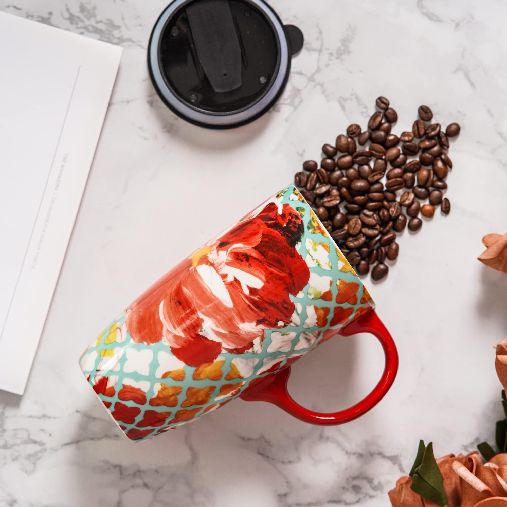 DUSVALLY Red Floral Coffee Mug 17oz - Morning Ritual Essential with Leak Proof Lid, Perfect for Commute, Office Desk & Garden Tea Time