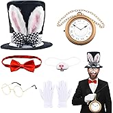 Abitoncc White Rabbit Costume 6Pcs Bunny Dress Up Accessories Set Rabbits Ears Plush Topper Hat Bunny Nose Rabbit Clock Glasses Bow Tie Gloves for Easter Halloween Party Costume