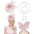 Fascinator Hat for Women Tea Party Hats Mesh Veil Headband Tea Party Headpiece and Lace Glove Set for Women 1920s Party