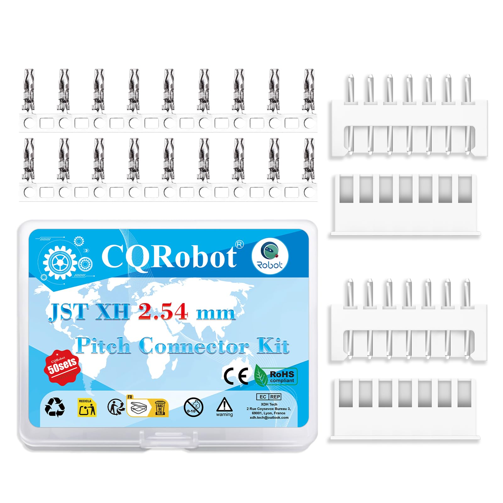 CQRobot JST XH 2.54 mm Pitch 7-Pin Electronic Computer Connector IC Male Plugs, Female Sockets Housing and T-Shaped Crimp Terminal Kit. 50 Sets/450 Pieces Wire-to-Board Adapter Cable Assembly.