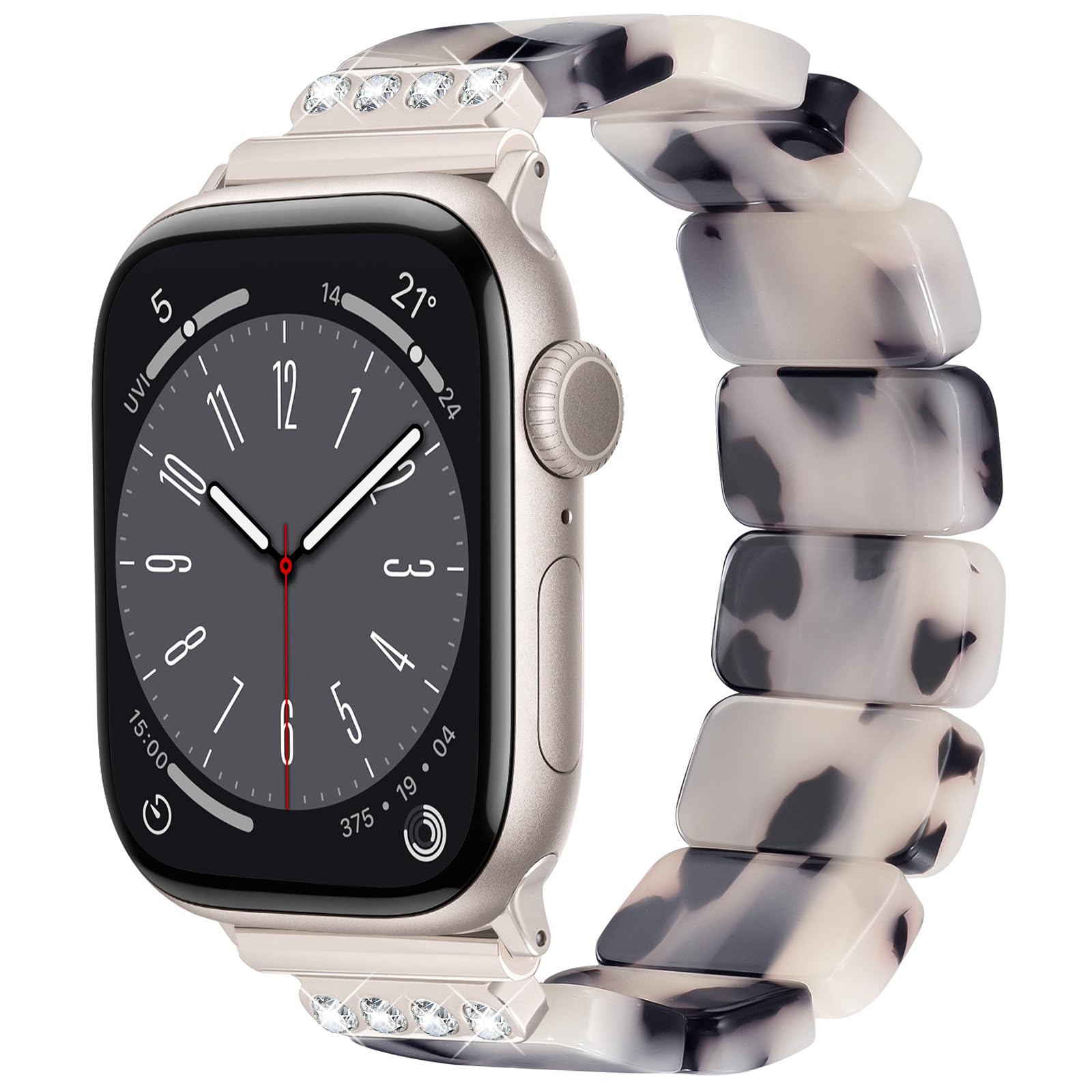 V.R.HOPE Stretchy Resin Apple Watch Band for Series 11/10/9/8/7/SE 38mm 40mm 41mm 42mm Fashion Cute, Lightweight & Flexible, Rectangle Design with iWatch Series 6/5/4/3/2/1(Black Floral-S)