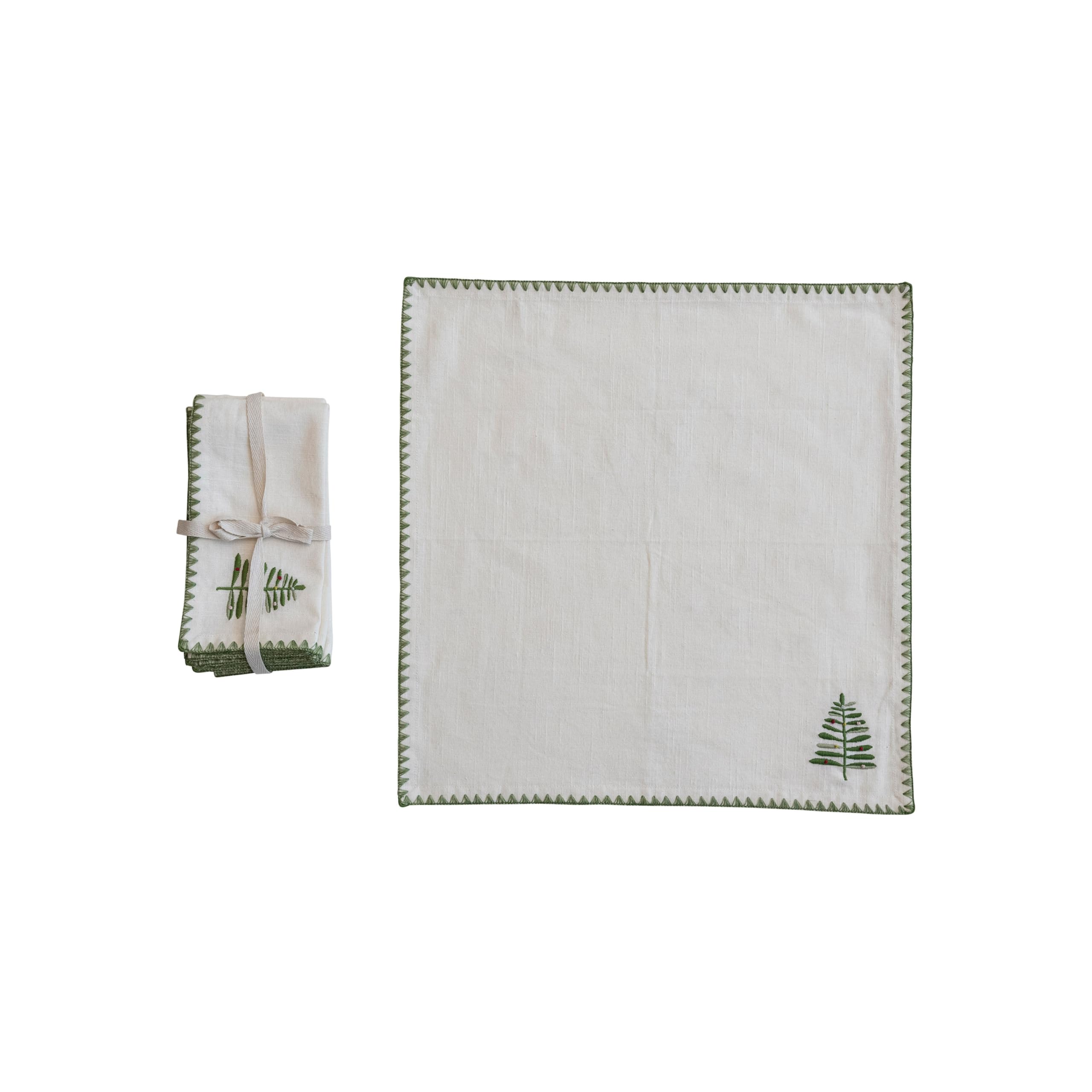 Photo 1 of Creative Co-Op Cotton Napkins with Embroidered Tree and Edge, Natural and Green, Set of 4