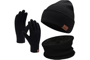 Mens Womens Beanie Hat Scarf Touchscreen Gloves Warm Knit Beanie Gloves Neck Warmer Set with Warm Fleece