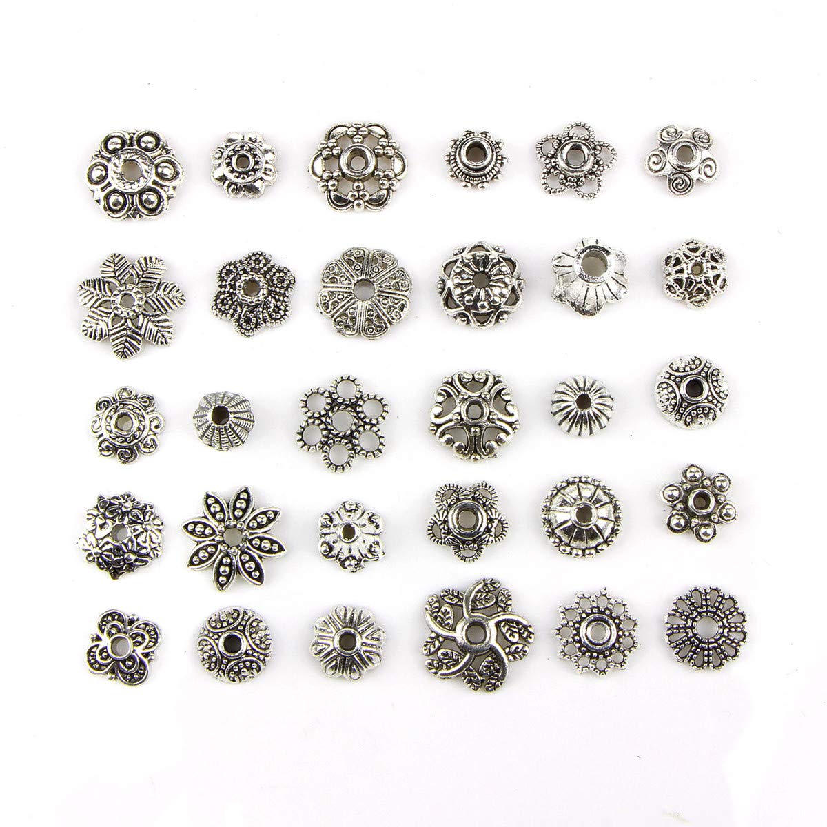 150PCS 8-15mm Wholesale Bulk Lots Silver Charms Tibetan Silver Mixed Tone Flower Bead Caps Hollow Flower Bead Caps for DIY for Necklace Bracelet Jewelry Making