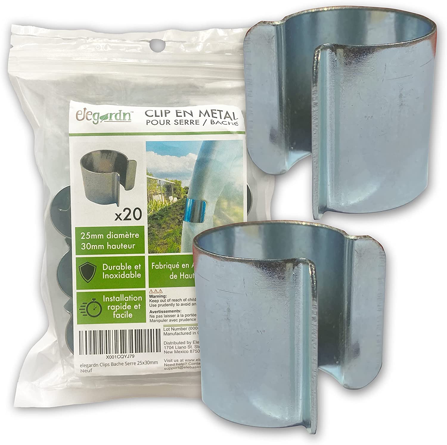 Elegardn® Pack of 20 Clips 25mmx30mm for Tunnel Greenhouse Tarpaulin Metal with Zinc Coating