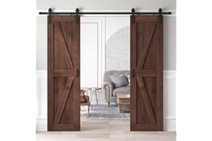 ROYMELO 48x84 inch (Double 24×84 inch Door) Sliding Barn Wood Door Slab with 8ft Hardware Kit and Handle, Coffee, K Shape, Simple DIY Assembly
