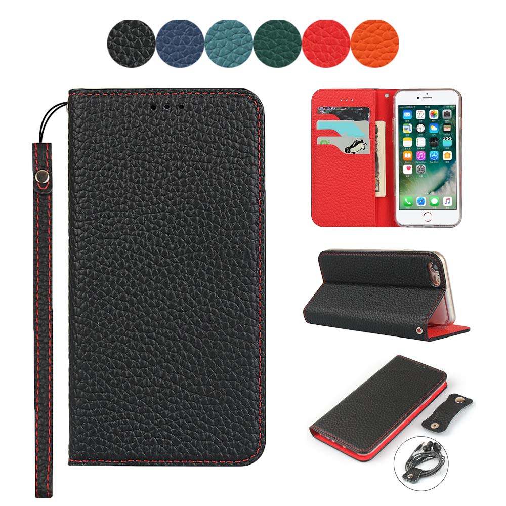 SailorTech Wallet Case for iPhone 7/8/SE (2020), Luxury Litchi Grain Genuine Leather Case with Wrist Strap Headphone Storage Belt Folio Flip Phone Case with RFID Blocking Card Holder Kickstand Black