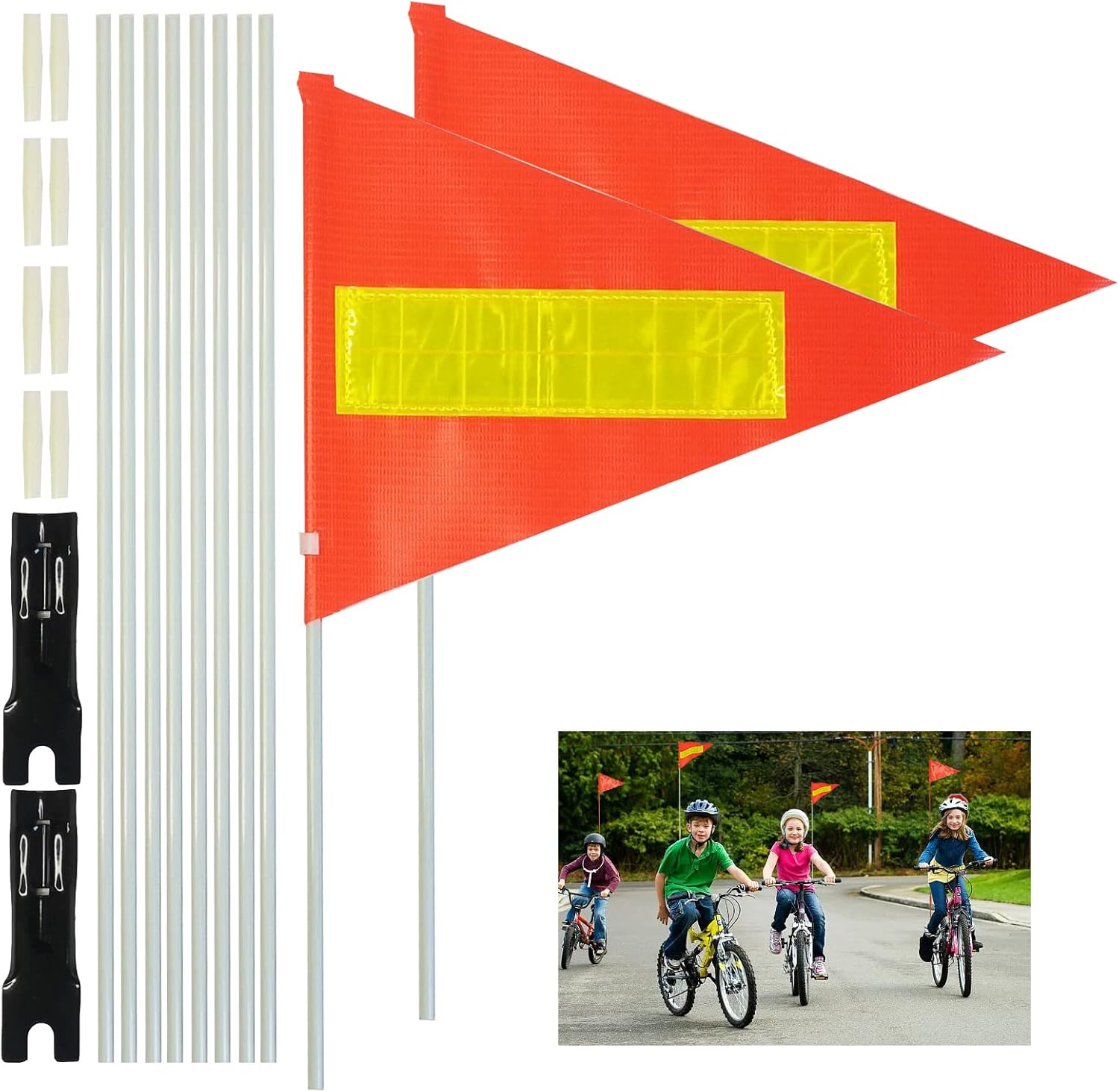 Flagpole Hardware - Bike Safety Flag with Pole 2 Sets, 6-Foot Adjustable Height Sturdy Fiberglass Tear-Resistant Waterproof Orange Safety Flag (Red Yellow and White)