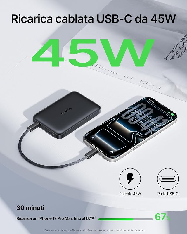 EnerFill FM21 Qi2.2 25W Powerbank Magsafe, 10000mAh Power Bank Magnetico, PD USB C 45W Ricarica Rapida, Batteria Esterna per iPhone 18/17/16/15/14 Pro Max