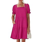 ANRABESS Women Summer Square Neck Puff Short Sleeve Mini Dress 2026 Casual Flowy Sundress Beach Vacation Clothes with Pockets