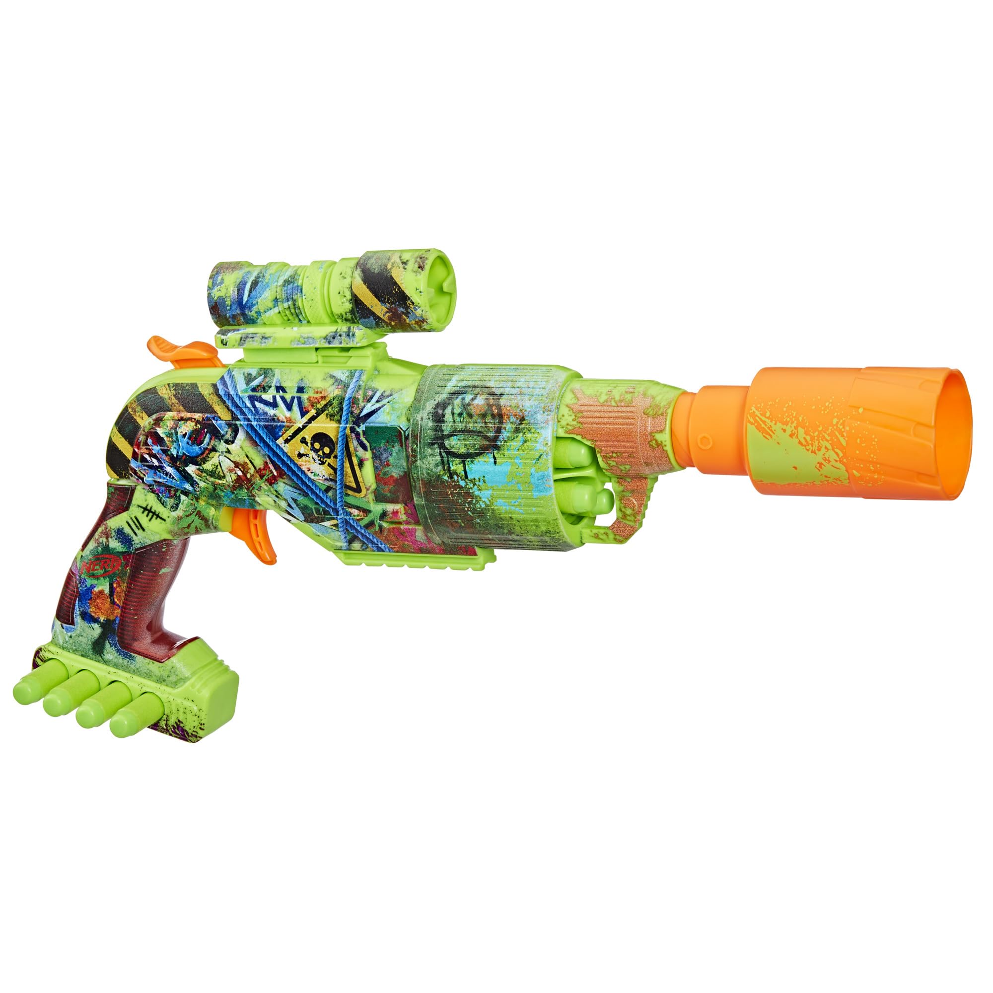 Nerf Zombie Driller Foam Dart Blaster, Rotating 5-Dart Cylinder, Removable Targeting Scope, 16 Elite Darts, Foam Blaster, Great Gift for Children Aged 8+, Perfect Toys For Boys & Girls