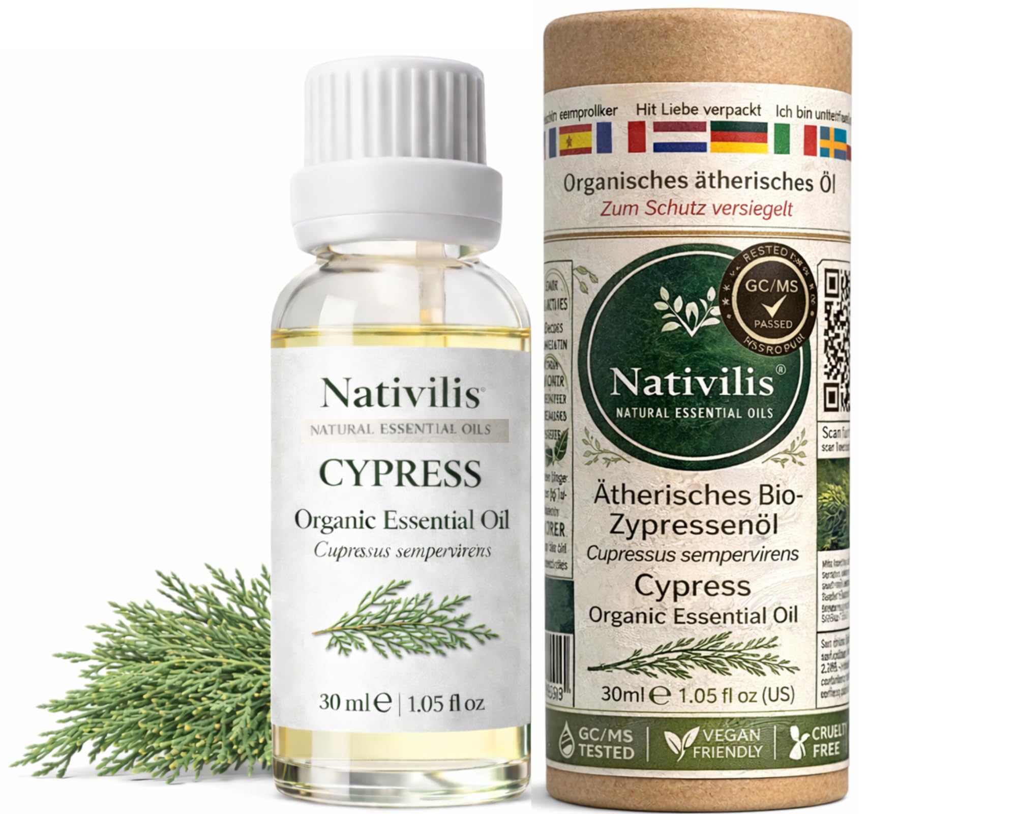 Nativilis Organic Cypress Essential Oil Cupressus Sempervirens - Antibacterial Antimicrobial Anti-Fungal Properties - Treatment of Acne Varicose Veins Aromatherapy Copaiba Benefits