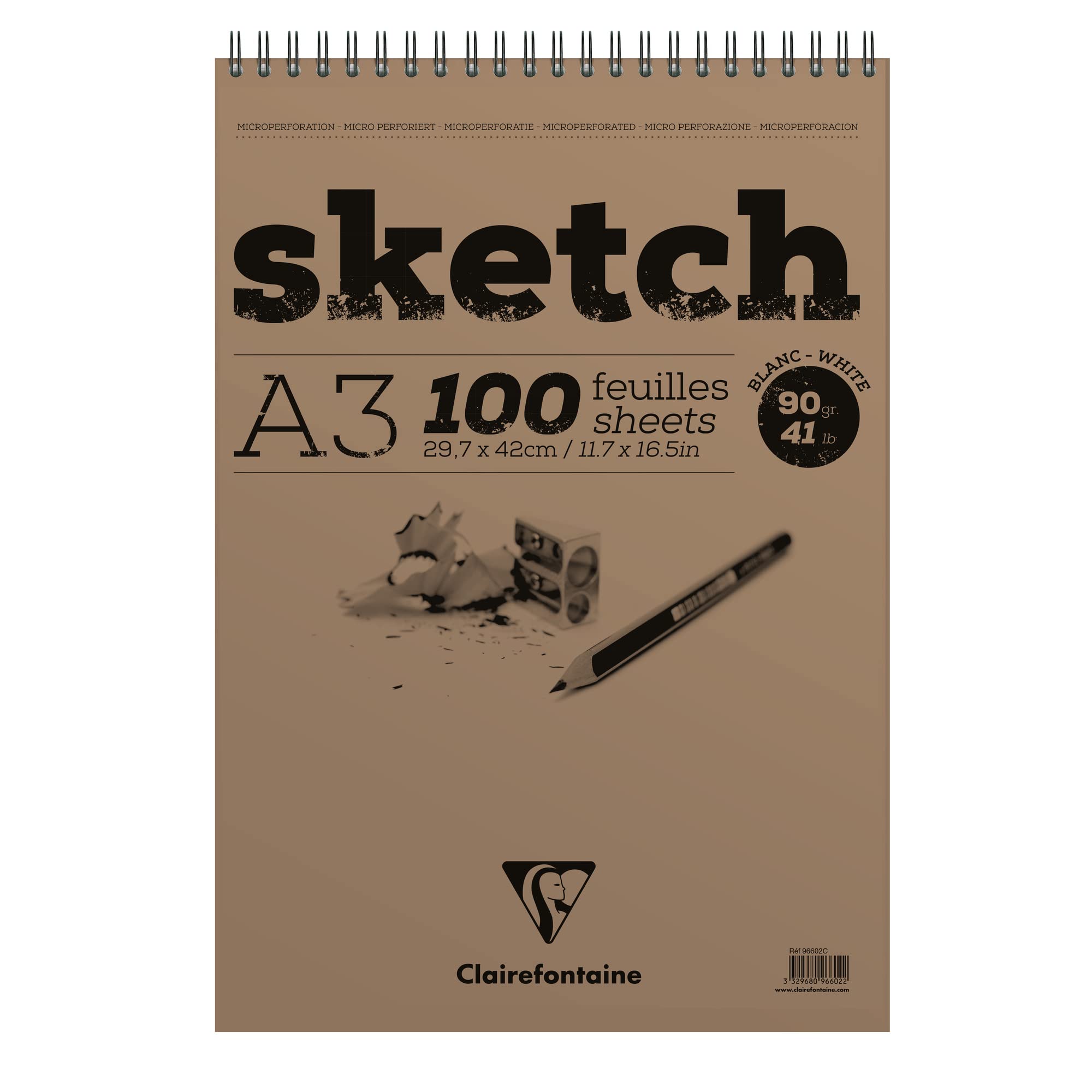 Clairefontaine - Ref 96602C - Head Wirebound Sketch Pad (100 Sheets) - A3 Sized, 90gsm Paper, Microperforated - Suitable for Sketching with Pencil, Charcoal & Felt Tip