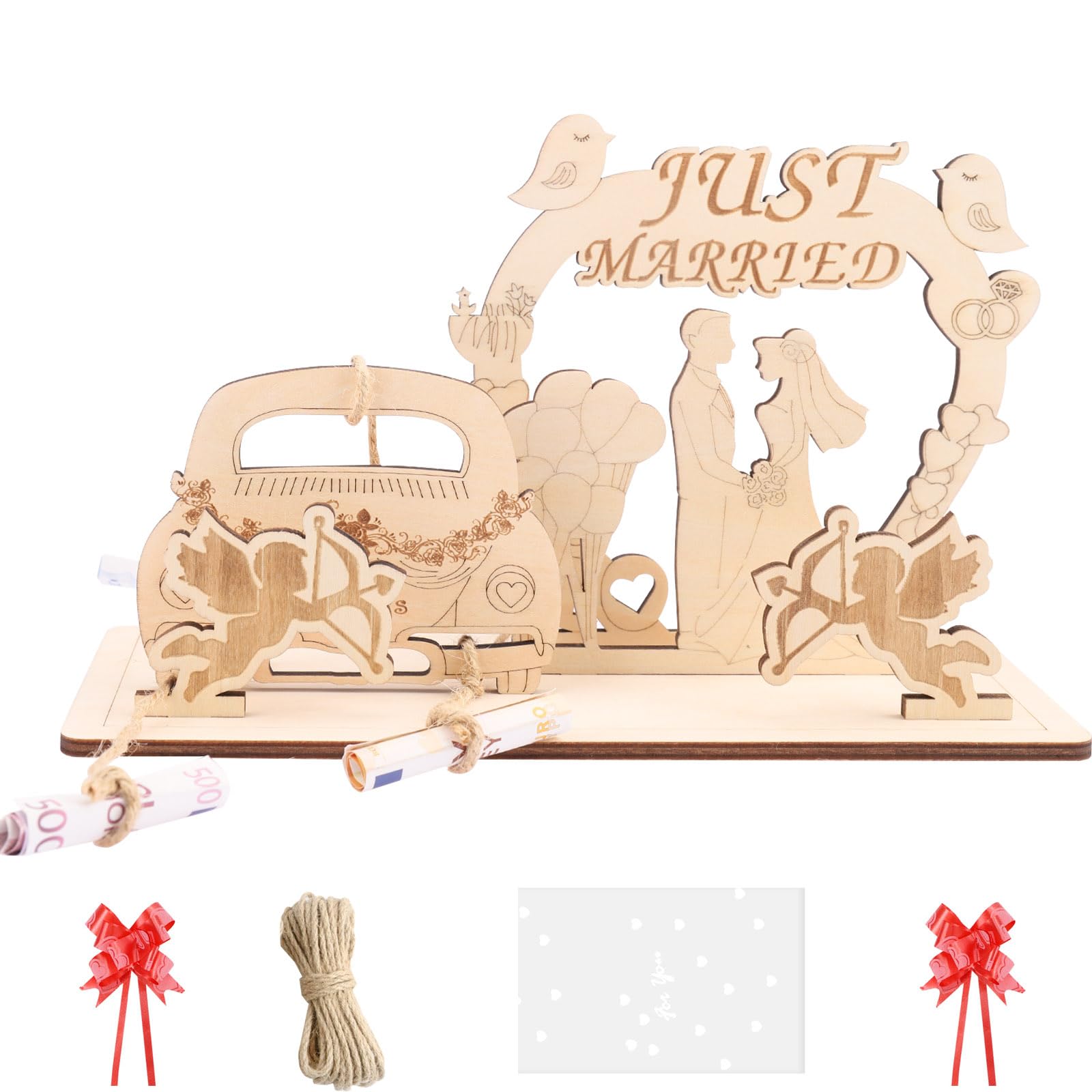 ENLACE Money Gift Wedding Wood, Just Married Wedding Gifts for Bride and Groom, Creative Wedding Gift Money Wood, Mr & Mrs Wedding Money Gift with Car, Money Gifts for Wedding