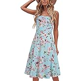 Women's Casual Summer Beach Flattering Flowy A-Line Spaghetti Straps Solid Cotton Button Down Midi Sundress