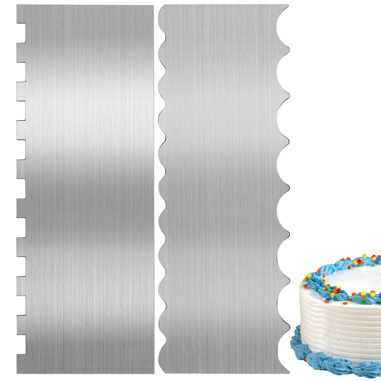 Kinberry Stainless Steel Cake Scraper, 2PCS Cake Edge Scraper Double Sided Patterned Cake Smoother Scraper Mousse Cream Butter Scraper, Kitchen Baking Tools for Cake Edges Decoration