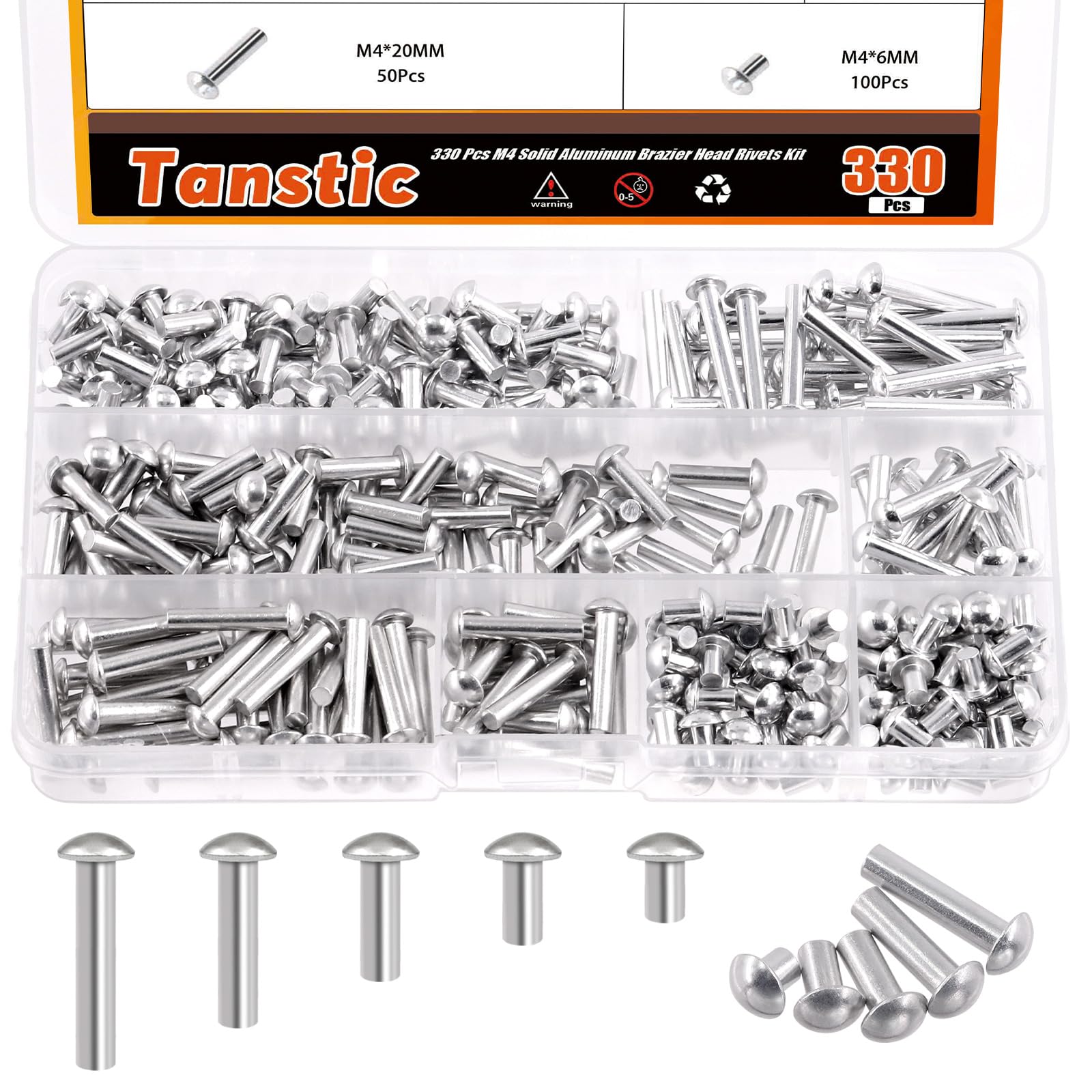Tanstic 330Pcs M4 Solid Aluminum Brazier Head Rivets, 6mm 10mm 14mm 20mm 25mm Length Solid Aluminum Rivets for Machinery Automobile Industry — image 1