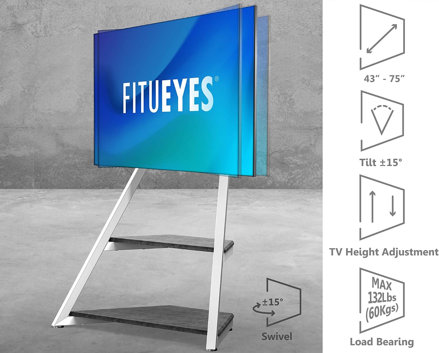 FITUEYES Design Floor TV Stand for 43-75 Inch TVs Height Adjustment Universal TV Stand ±15° Swivel Load 60kg Cable Management Eiffel Series - Image 3