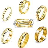 LOFITOR Gold Fidget Rings for Anxiety 7pcs Stainless Steel Spinner Ring Anti Anxiety Ring Spinning Moon Star Evil Eye Cool Stress Relieveing CZ Fold Rings for Women Men