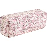 JOVAKIT Small Quilted Makeup Bag Cosmetic Bag for Women, Floral Coquette Cotton Square Travel Makeup Case Zipper Make Up Pouch, Kawaii Travel Storage Organizer Case (Pink Floral)