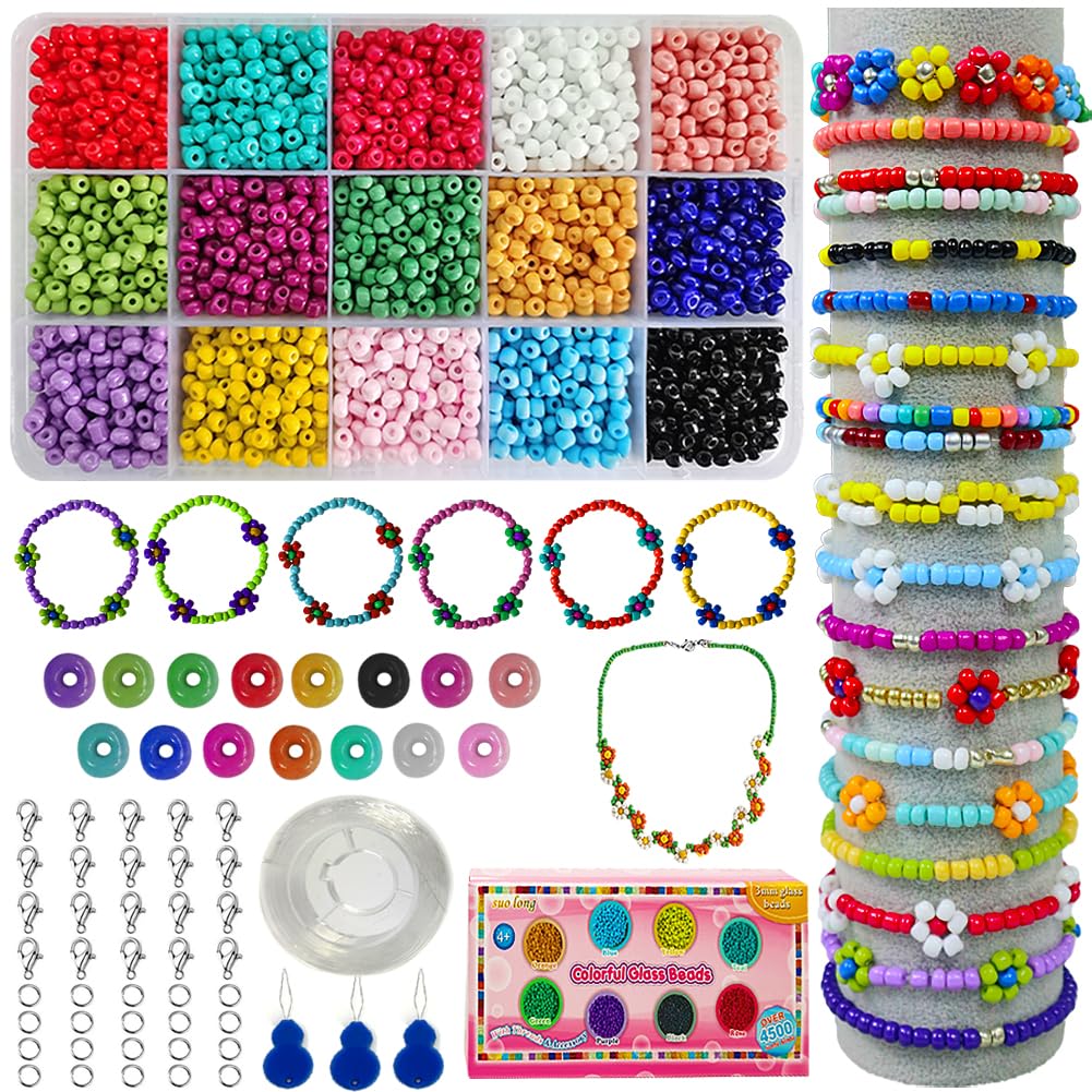Ewparts 3mm Mini Glass Beads for Children DIY Bracelet Art & Jewellery-Making, Baby girls Gift, Bead String Making Set (Full Color)