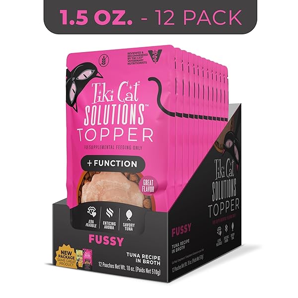 TIKI CAT SOLUTIONS TOPPER, FUSSY, TUNA RECIPE IN BROTH, 1.5 OZ. POUCH (12 COUNT)