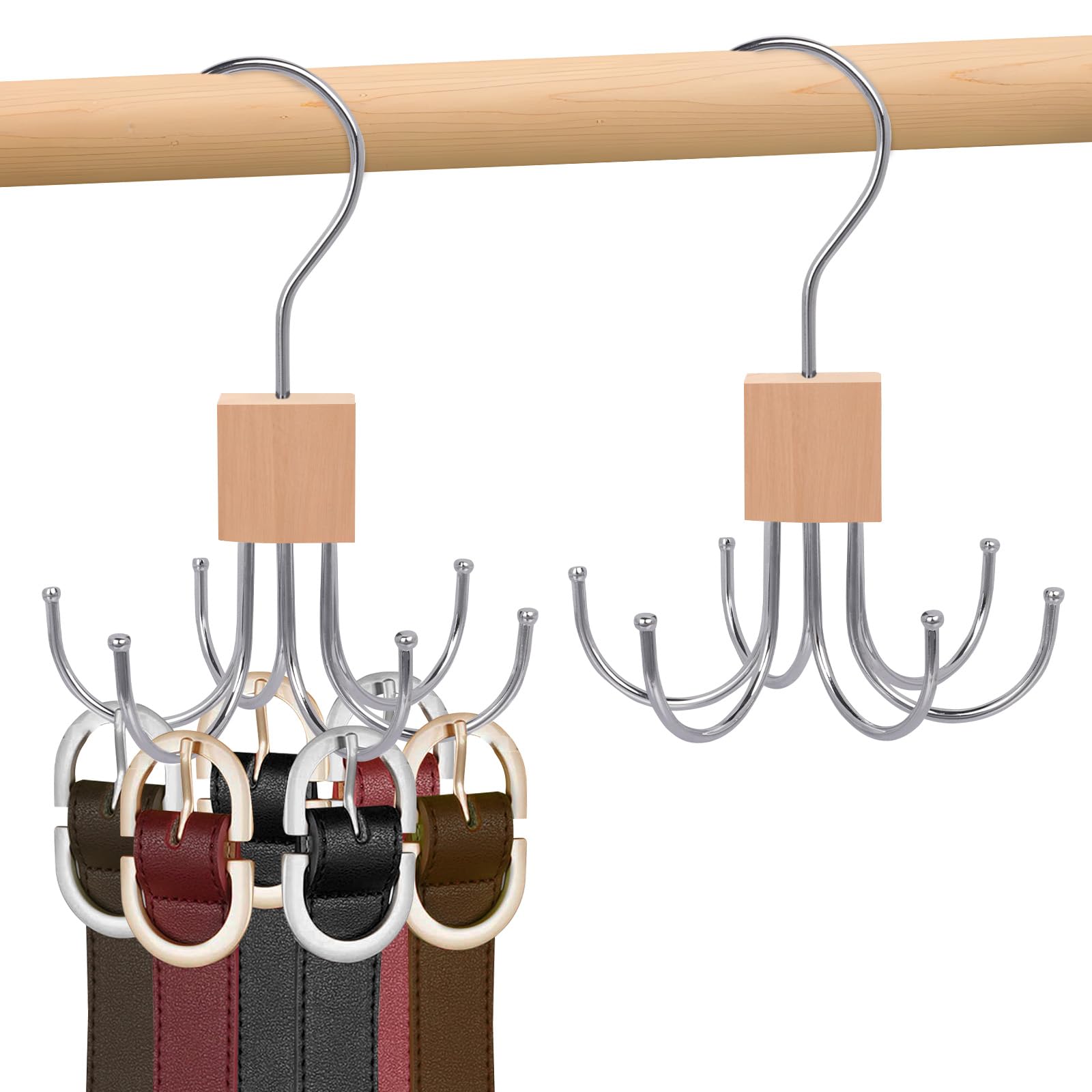 Niuoppy 2PCS 360°Swivel Belt Hanger for Wardrobe, Belt Hangers for Men, Belt Organizer Belts Rack with 6 Hooks (2, Log Color)