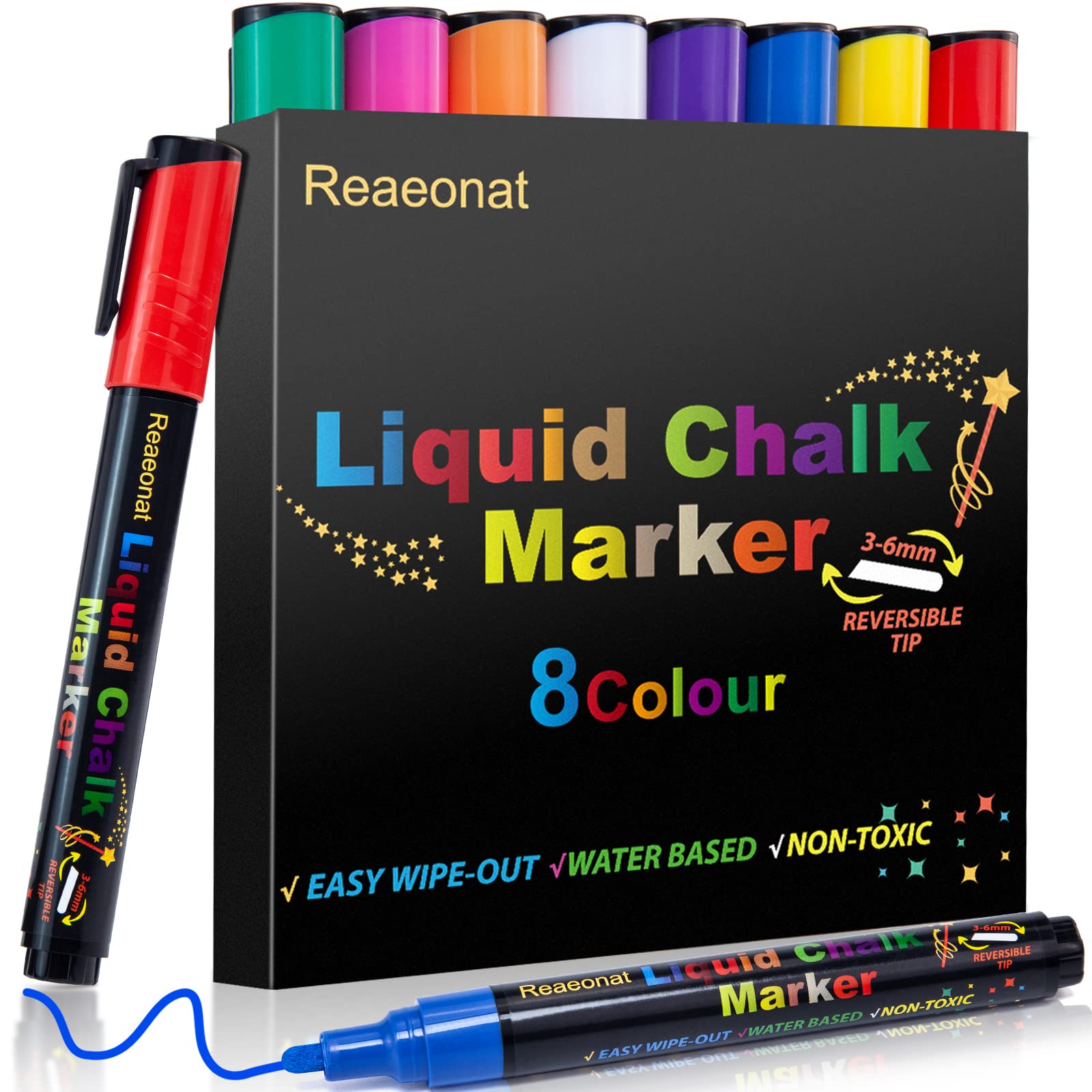 Reaeonat Liquid Chalk Pens, 8 Pack Colour Markers Pen 3mm 6mm Fine Reversible Tip for Drawing Writing on Window, Whiteboard, Glass, Chalkboard Signs, Blackboard