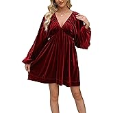 Rseoutlh Women's Velvet Dress V Neck Casual Long Puff Sleeve Cocktail Velour Mini Dress Semi Formal Holiday Party Dress