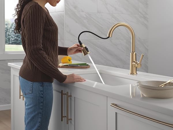 DELTA FINNRIDGE BRUSHED GOLD KITCHEN FAUCET WITH PULL DOWN SPRAYER, HIGH PRESSURE PROCLEAN SPRAY MODERN SINGLE HOLE KITCHEN SINK FAUCET, CHAMPAGNE BRONZE 19730LF-CZ