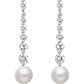 EleQueen Women's Bridal CZ Cream Simulated Pearls Long Chain Drop Dangle Earrings Ivory Color Silver-tone