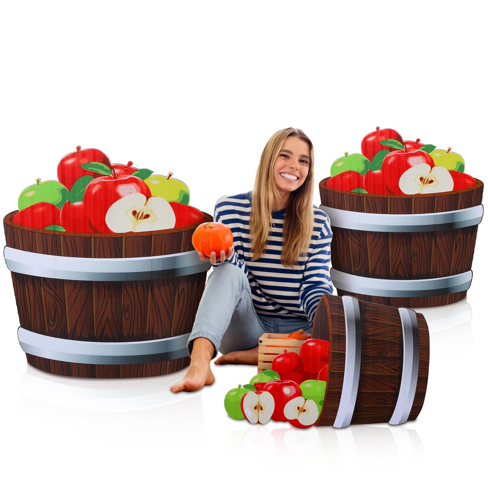 Photo 1 of Beeveer 3 Pcs 20"-26" Fall Thanksgiving Harvest Theme Decoration Rustic Apple Orchard Cardboard Cutout Stand-up Set Autumn Farmhouse Apple Barrels Stand-ups Photo Booth Props for Party Supplies