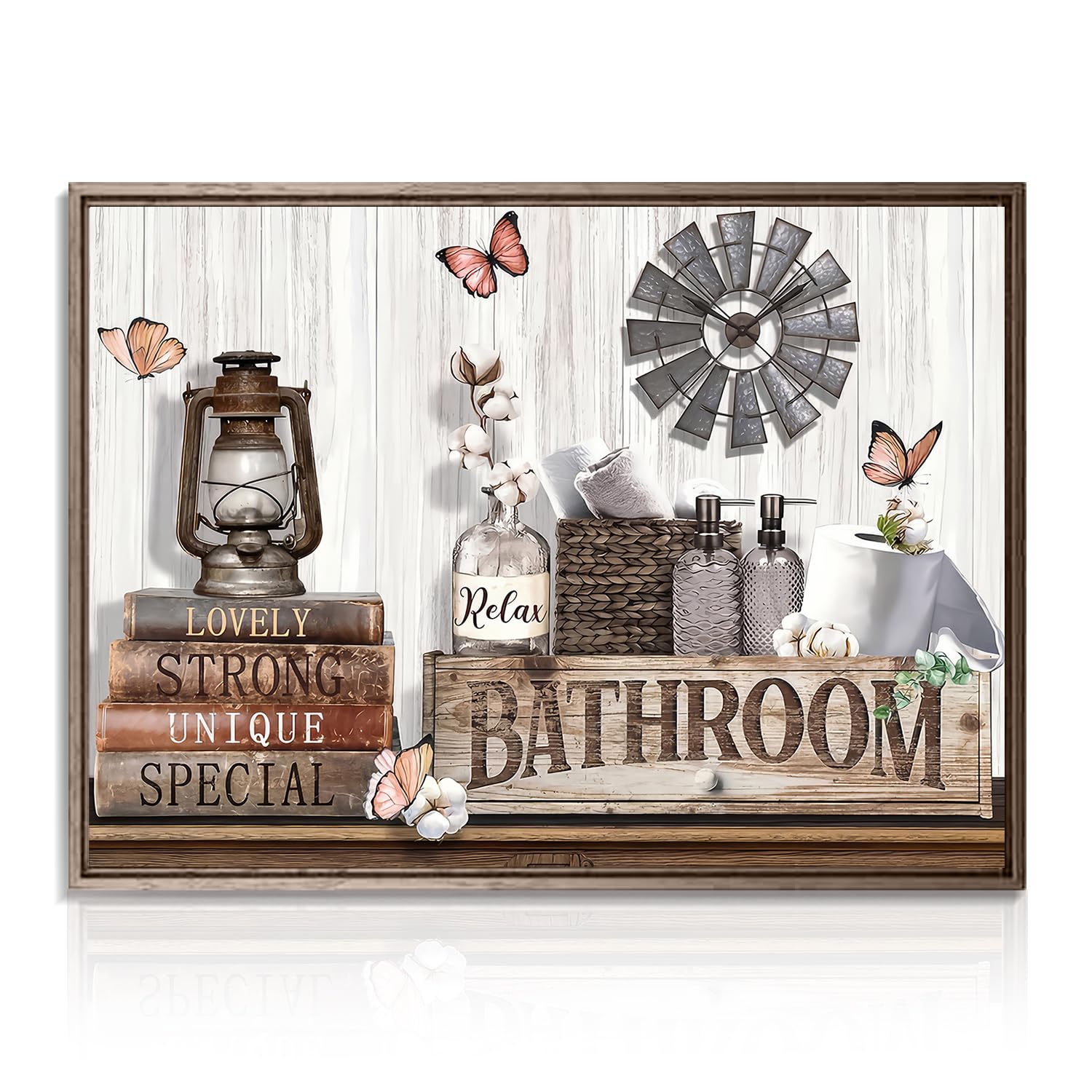 Dazzlewall Farmhouse Wall Decor - Rustic Cotton Flower and Butterfly Art - Country Bathroom Signs Pictures for Home - 12x16 in Unframed