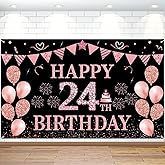 24 Birthday Decorations Happy 24th Birthday Backdrop Banner Rose Gold Large Size Banner Triangle Flag Balloons Booth Background Deco for Women Men 24 Years Old Anniversary Party Supplies Photo Prop