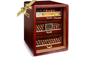 Marvero Cigar Humidors, Cedar Wood Humidor for 150 Cigars with Digital Hygrometer, Drawers, Humidifiers and Gold-plated Hardwares. cigar humidor cabinet for Men Husband Father Ebony Color