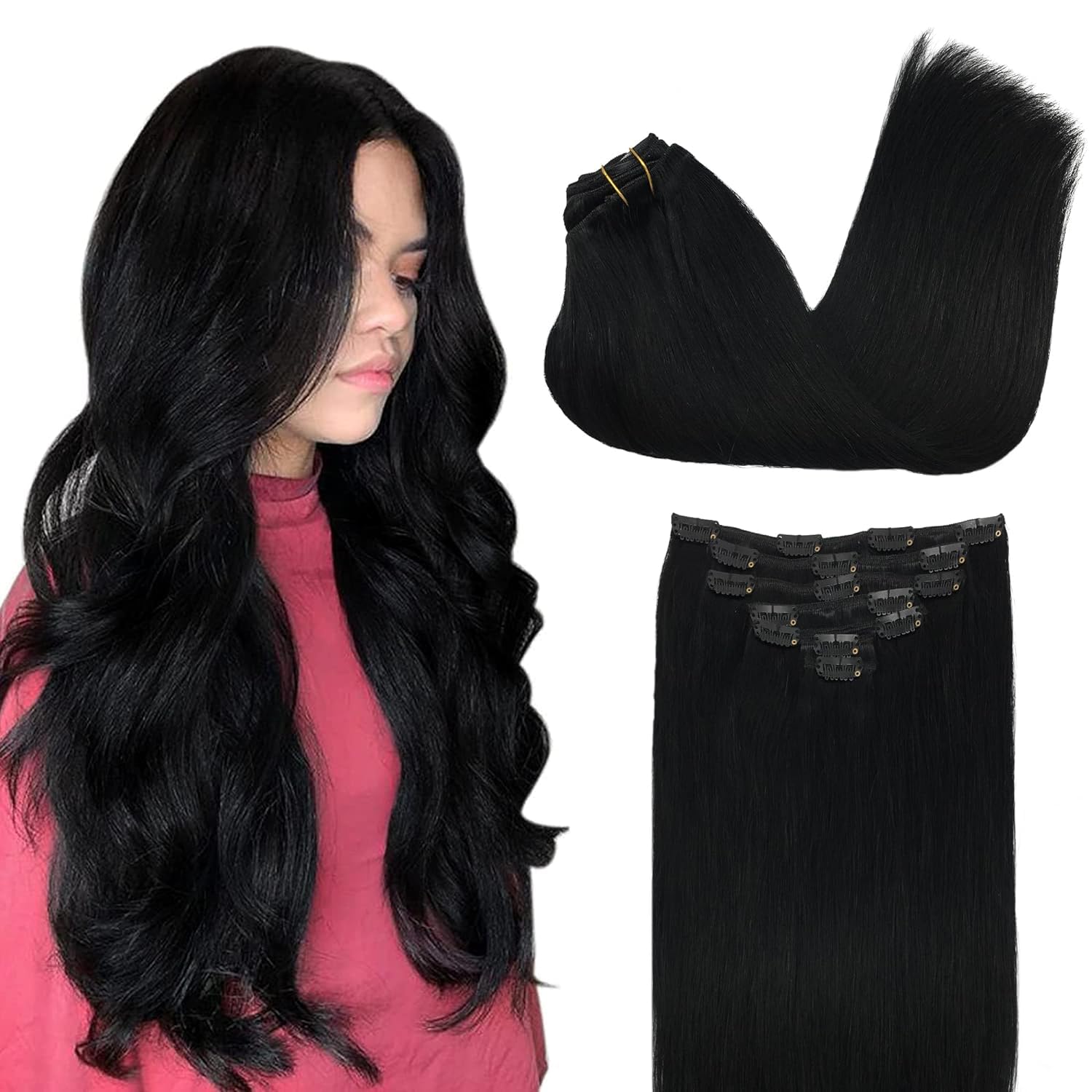 GOO GOO Clip in Human Hair Extensions, 16inch 120g 7pcs, Hair Extensions Clip in, 1 Jet Black
