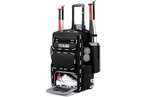 GOTECH Rolling Baseball Bag,Wheeled Softball Bag with Fence Hook for TBall Bat & Equipment,Lightweight Baseball Bat Bag with Shoe Compartment
