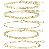 5PCS Gold Bracelets for Women, 18k Gold Plated Durable Waterproof Bracelets Stack Non Tarnish, Dainty Beaded Cuban Rope Paperclip Satellite Gold Bracelets set, Valentines Day Gifts for Her
