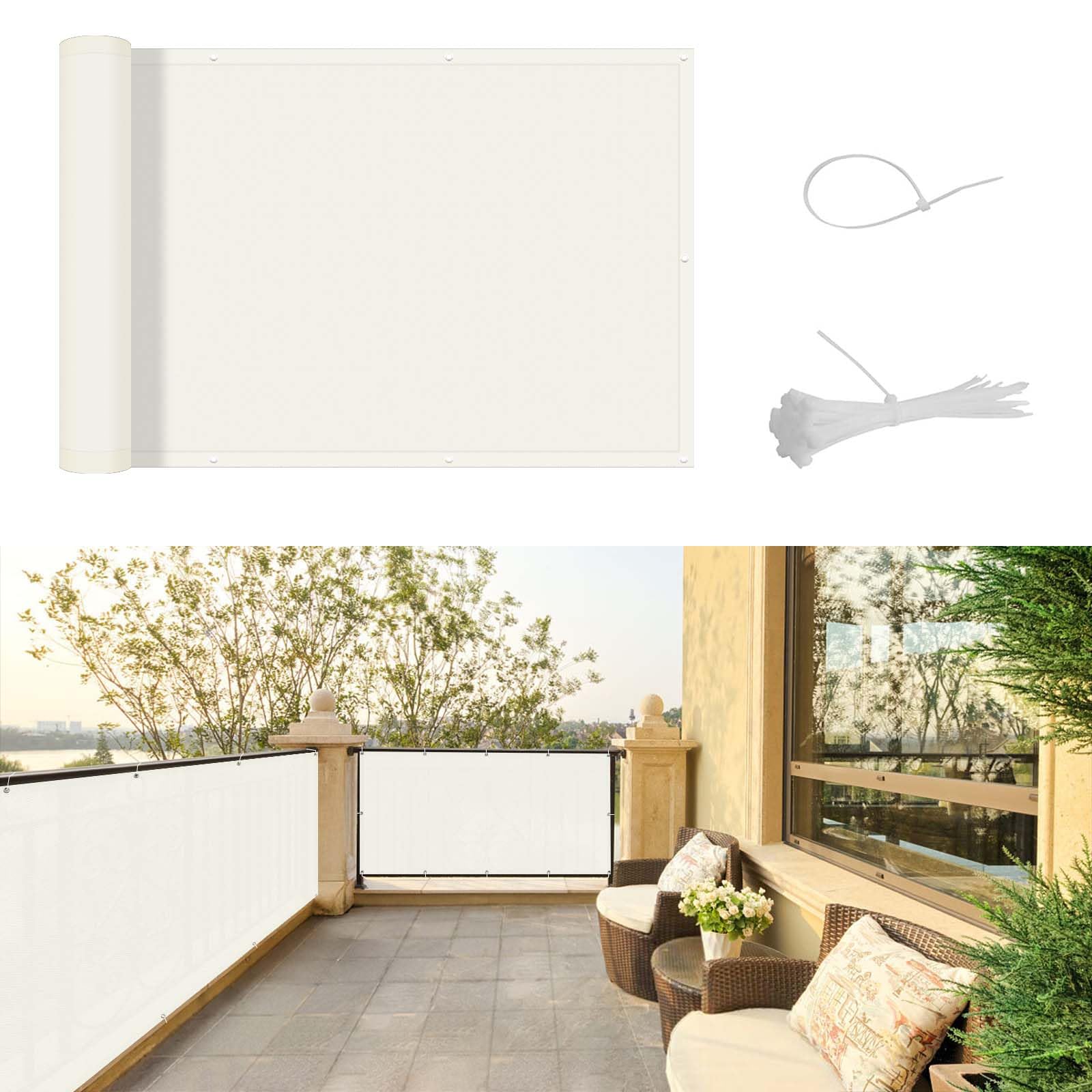 SUNNY GUARD Balcony Privacy Screen 75x300cm Fence Screen for Balcony and Patio Cover,UV protection waterproof and windproof,with Cable Ties,Cream