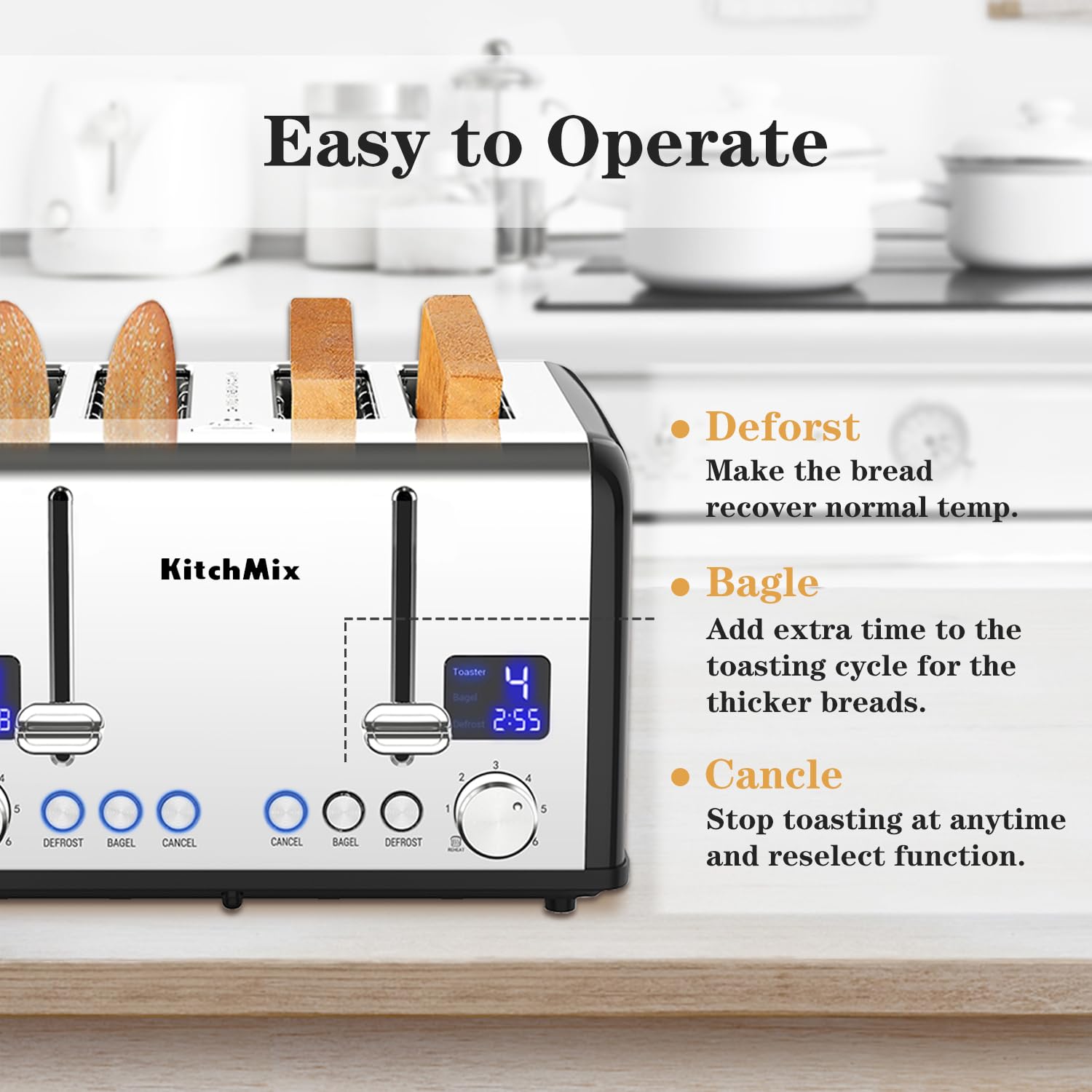 Tostadora de 4 rebanadas, Tostadora KitchMix Bagel de acero inoxidable con temporizador LCD, ranuras extra anchas, pantalla doble, bandeja para migas extraíble (negro)