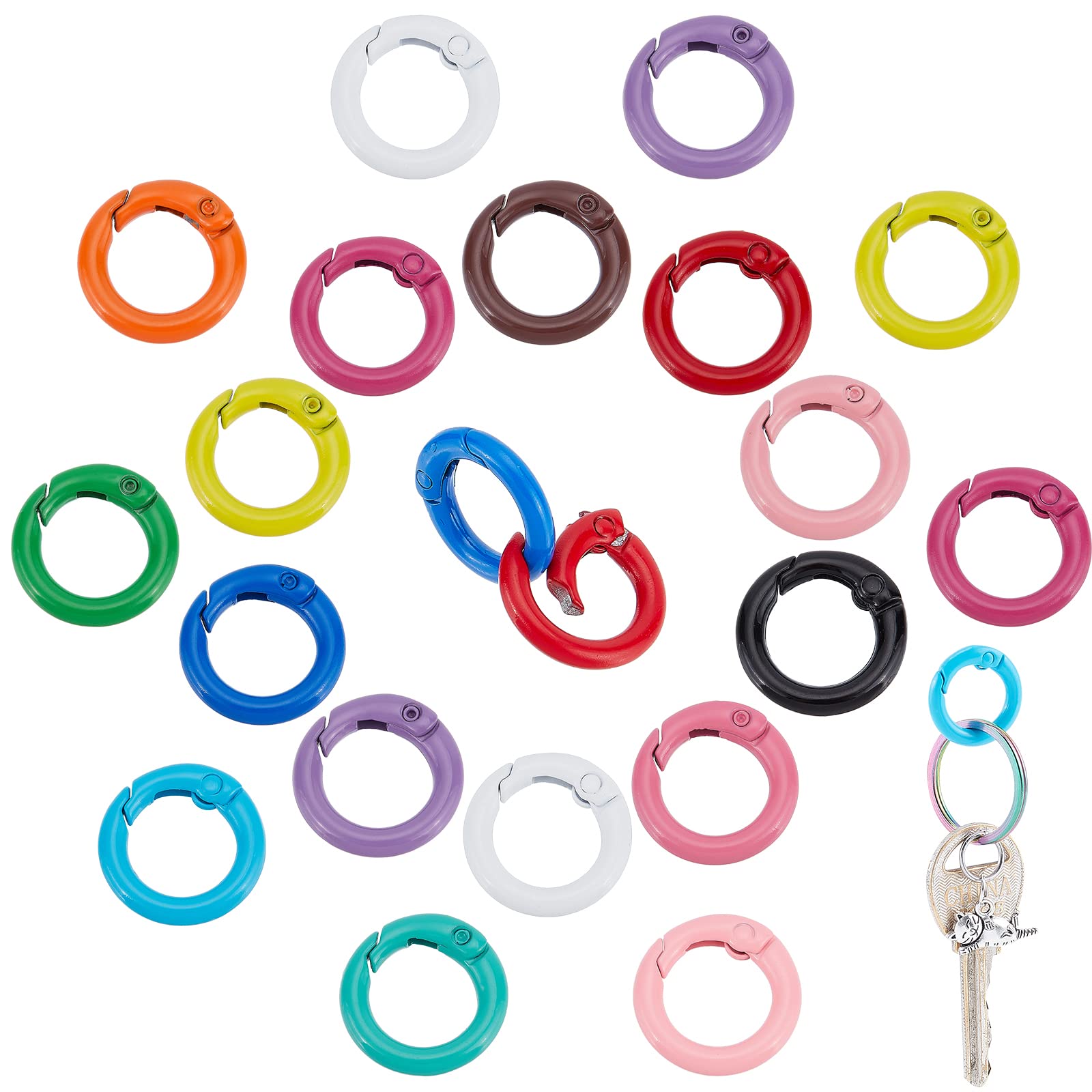 PH PandaHall 30pcs 15 Colors Spring O Rings, 20mm Spring Clasp Ring O Rings Round Keychain Key Ring Clips Snap Clip Hook Trigger Spring Keyring Buckle for Keychains Bag Purse Handbag Collars Bags